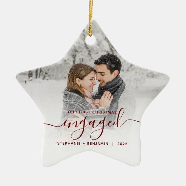 First Christmas Engaged Photo Burgundy Script Ceramic Ornament (Front)