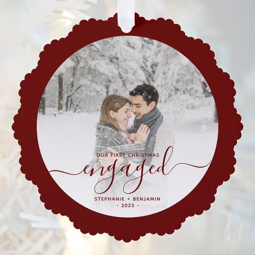 First Christmas Engaged Photo Burgundy Script Ornament Card