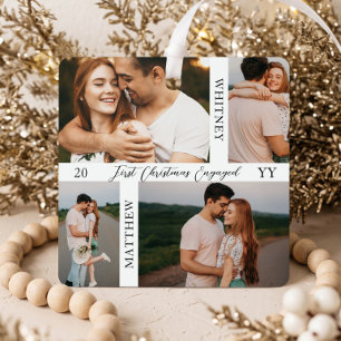 First Christmas Engaged Photo Collage Engagement Metal Ornament
