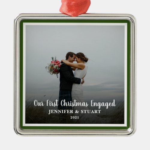 First Christmas engaged photo couple holiday Metal Ornament