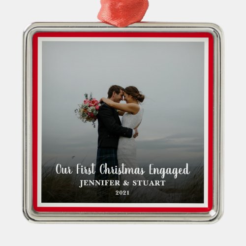 First Christmas Engaged photo couple holiday Metal Ornament