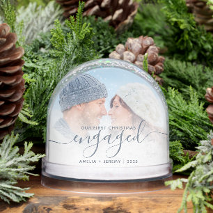 First Christmas Engaged Photo Dusty Blue Script Snow Globe