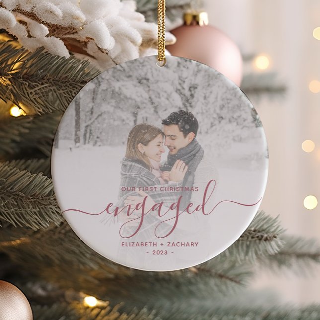 First Christmas Engaged Photo Dusty Rose Script Ceramic Ornament (Creator Uploaded)