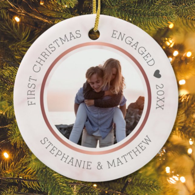 First Christmas Engaged Photo Elegant Pink Marble Ceramic Ornament (Creator Uploaded)