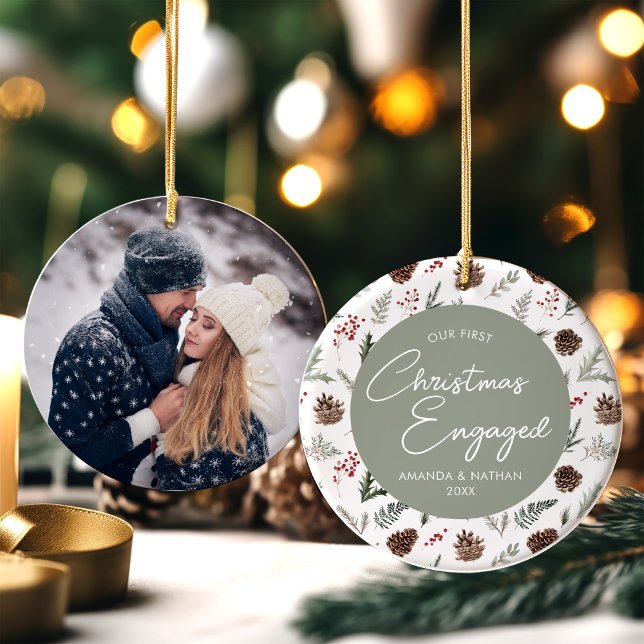 First Christmas Engaged Photo Engagement Ceramic Ornament (Creator Uploaded)