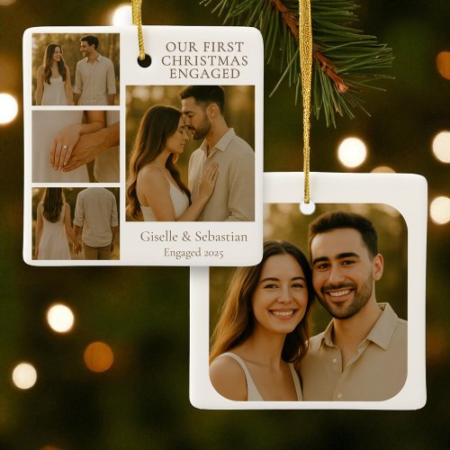 First Christmas Engaged Photo Engagement Collage  Ceramic Ornament