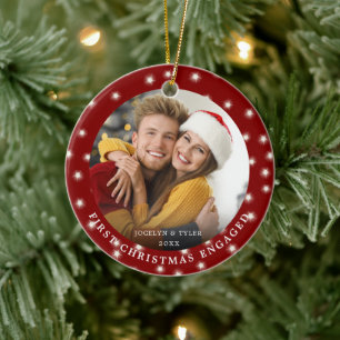 FIRST CHRISTMAS ENGAGED Photo Fairy Lights Red Ceramic Ornament
