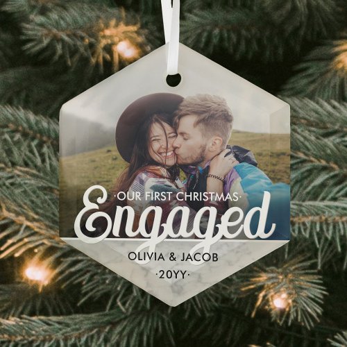 First Christmas Engaged Photo Faux Marble Hexagon Glass Ornament