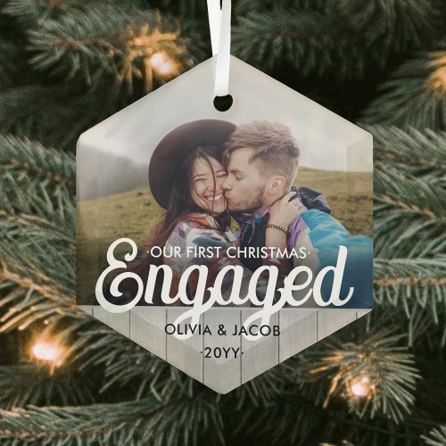 First Christmas Engaged Photo Faux Wood Hexagon Glass Ornament