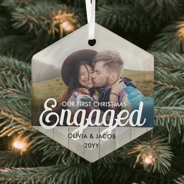 First Christmas Engaged Photo Faux Wood Hexagon Glass Ornament (Creator Uploaded)