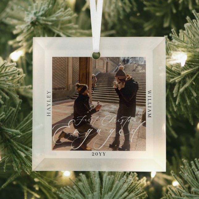 First Christmas Engaged Photo Glass Ornament (Insitu)