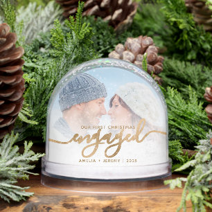 First Christmas Engaged Photo Gold Script Snow Globe