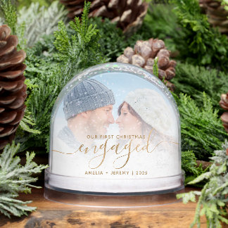 First Christmas Engaged Photo Gold Script Snow Globe
