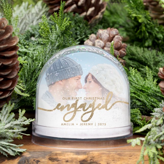 First Christmas Engaged Photo Gold Script Snow Globe (Winter)