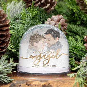 First Christmas Engaged Photo Gold Script Snow Globe