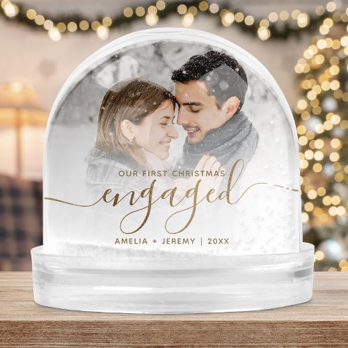 First Christmas Engaged Photo Gold Script Snow Globe