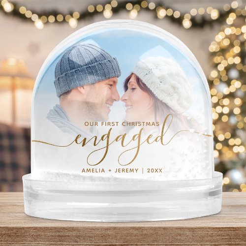First Christmas Engaged Photo Gold Script Snow Globe