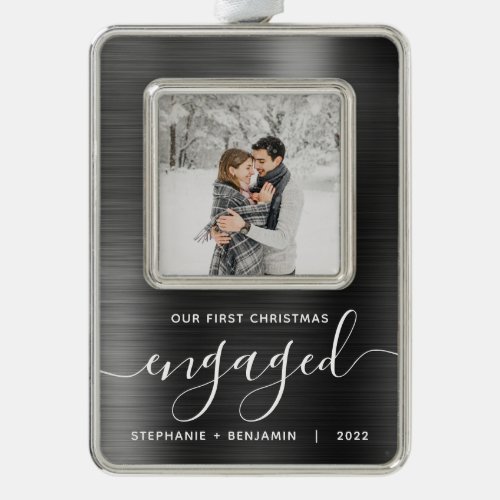 First Christmas Engaged Photo Gray Brushed Metal Christmas Ornament