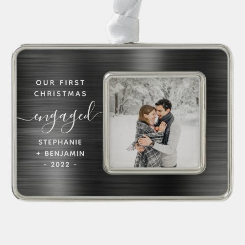 First Christmas Engaged Photo Gray Brushed Metal Christmas Ornament