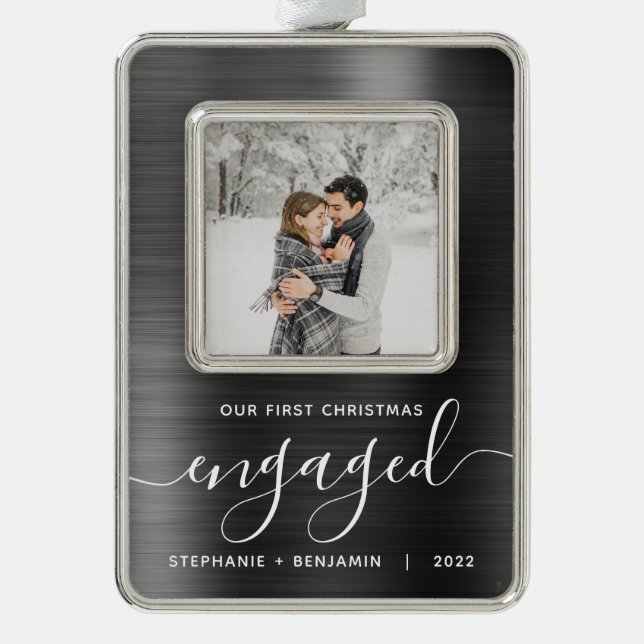 First Christmas Engaged Photo Gray Brushed Metal Ornament (Front)