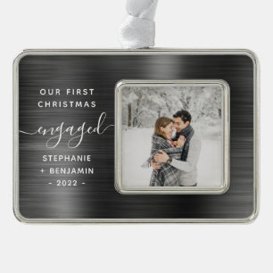 First Christmas Engaged Photo Gray Brushed Metal Ornament