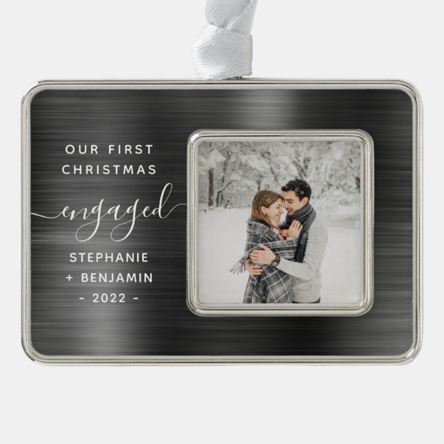 First Christmas Engaged Photo Gray Brushed Metal Ornament (Front)