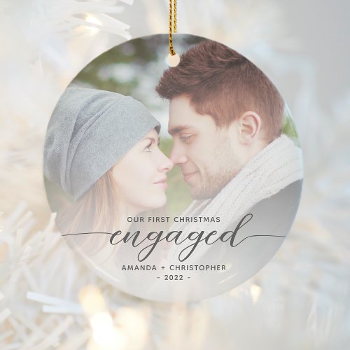 First Christmas Engaged Photo Gray Modern Script Ceramic Ornament
