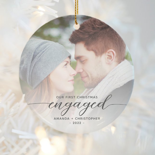 First Christmas Engaged Photo Gray Modern Script Ceramic Ornament (Creator Uploaded)