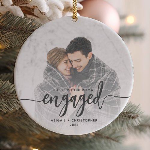 First Christmas Engaged Photo Gray Script Ceramic Ornament