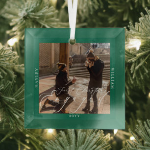 First Christmas Engaged Photo Green Glass Ornament