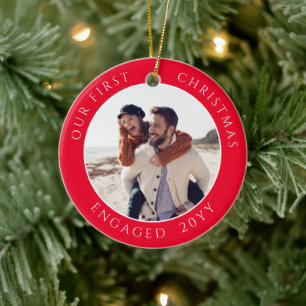 First Christmas Engaged Photo Keepsake Ceramic Ornament