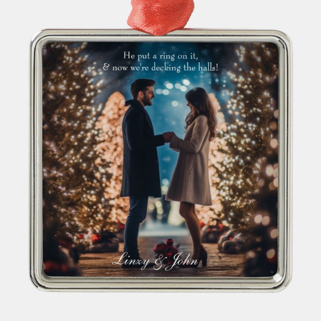 First Christmas Engaged Photo Minimalist Modern Metal Ornament (Front)