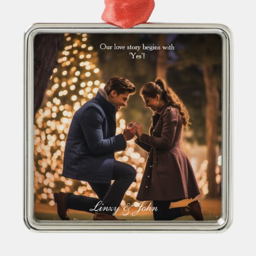 First Christmas Engaged Photo Minimalist Modern Metal Ornament