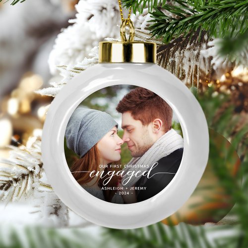 First Christmas Engaged Photo Modern White Script Ceramic Ball Christmas Ornament