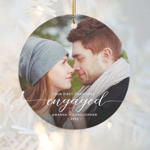 First Christmas Engaged Photo Modern White Script Ceramic Ornament