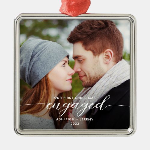 First Christmas Engaged Photo Modern White Script Metal Ornament