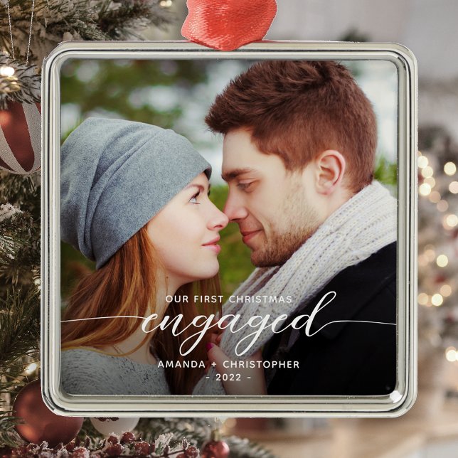 First Christmas Engaged Photo Modern White Script Metal Ornament (Creator Uploaded)