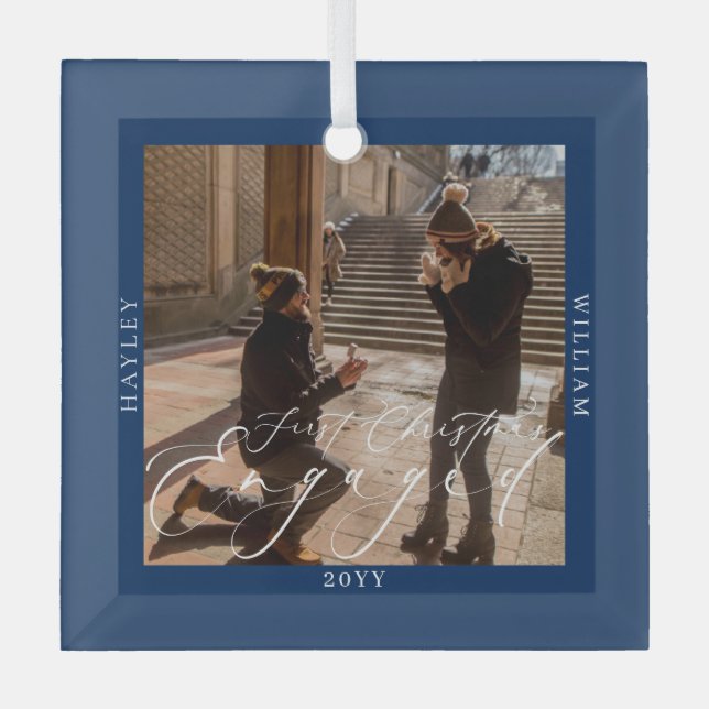 First Christmas Engaged Photo Navy Blue Glass Ornament (Front)