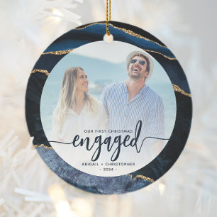 First Christmas Engaged Photo Navy Blue Gold Agate Ceramic Ornament