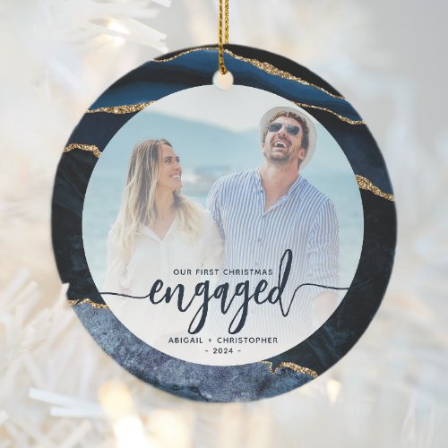 First Christmas Engaged Photo Navy Blue Gold Agate Ceramic Ornament