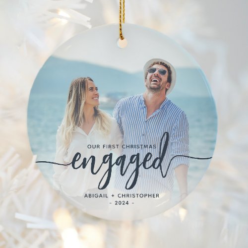 First Christmas Engaged Photo Navy Blue Script Ceramic Ornament