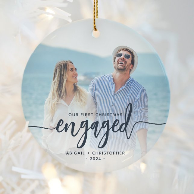First Christmas Engaged Photo Navy Blue Script Ceramic Ornament (Creator Uploaded)