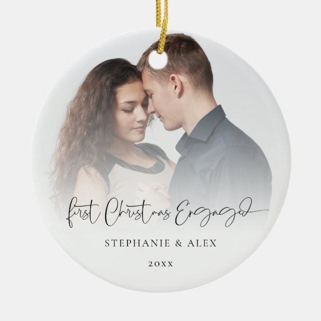 First Christmas Engaged Photo Overlay Names Year Ceramic Ornament (Front)