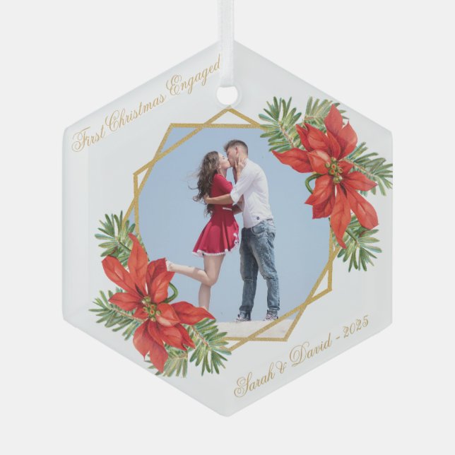 First Christmas Engaged Photo Poinsettia Pine Gold Glass Ornament (Front)