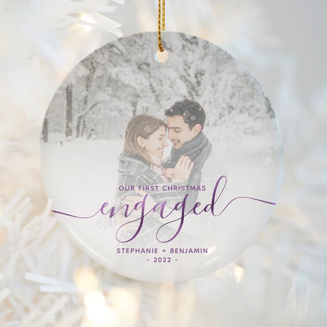 First Christmas Engaged Photo Purple Foil Script Ceramic Ornament (Creator Uploaded)