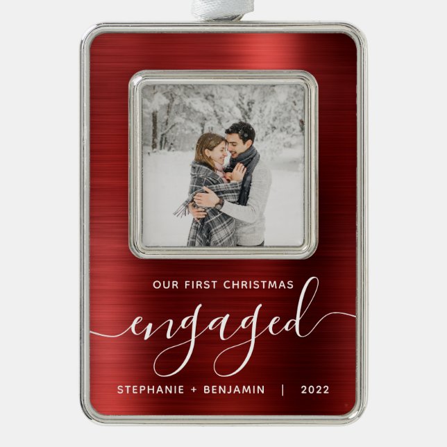 First Christmas Engaged Photo Red Brushed Metal Christmas Ornament (Front)
