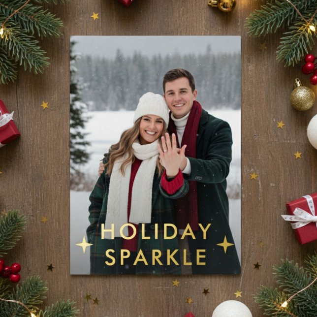 First Christmas Engaged Photo Red Foil Holiday Card (Creator Uploaded)