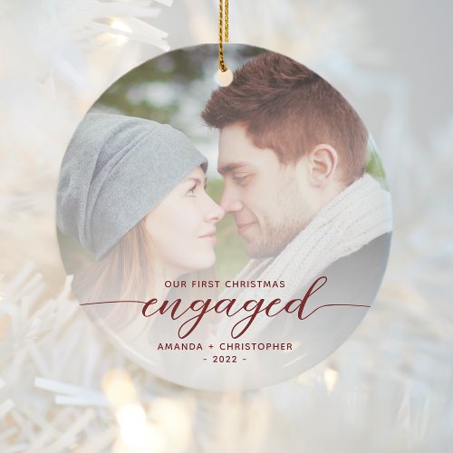 First Christmas Engaged Photo Red Modern Script Ceramic Ornament
