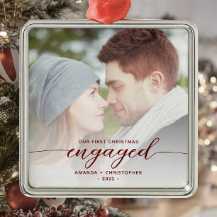 First Christmas Engaged Photo Red Modern Script Metal Ornament