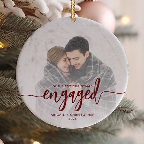 First Christmas Engaged Photo Red Script Ceramic Ornament